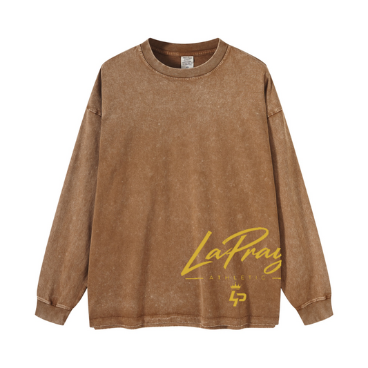 260GSM Men's Heavyweight Vintage-Wash Loose-Fit Long-Sleeve T-Shirt Brown