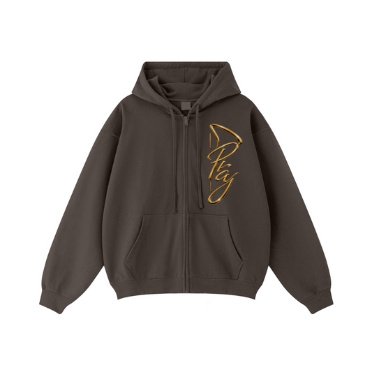 440GSM Unisex Fall&Winter Solid-Color Zip-Up Hoodie Dark Brown